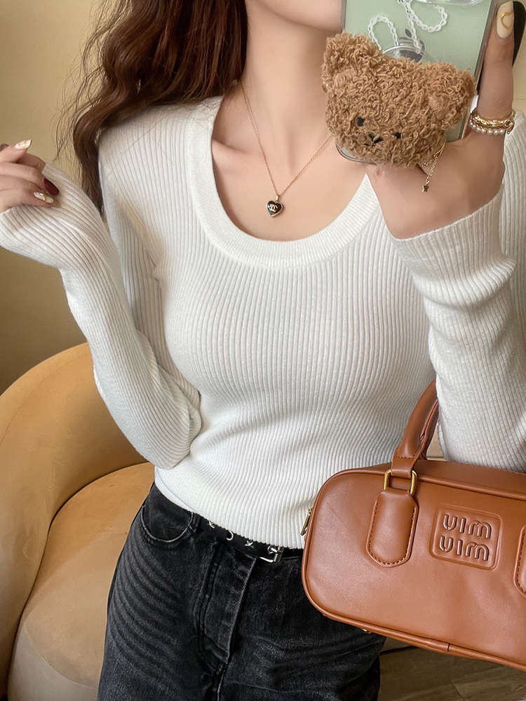 Women's Crew Neck Knit Top 2026 New White Slim Long Sleeve Base Layer