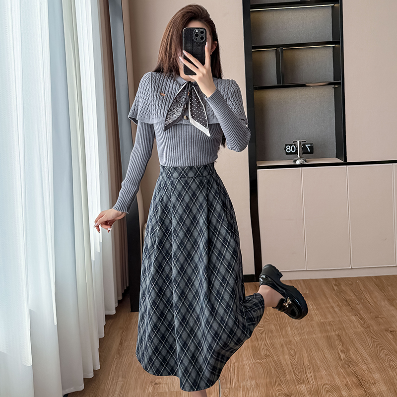 Autumn French Style Plaid Two-Piece Set with Cape Sweater and Skirt
