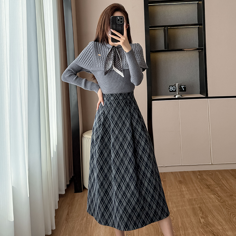 Autumn French Style Plaid Two-Piece Set with Cape Sweater and Skirt - Image 2