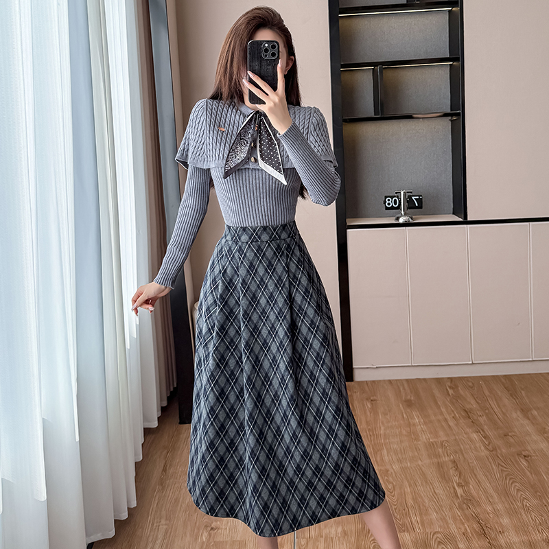 Autumn French Style Plaid Two-Piece Set with Cape Sweater and Skirt - Image 3