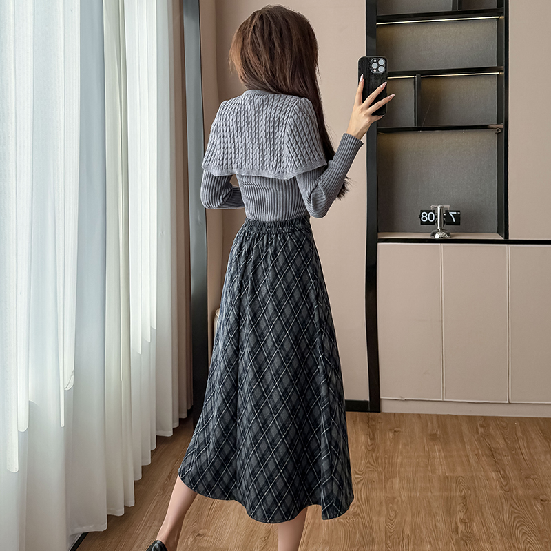 Autumn French Style Plaid Two-Piece Set with Cape Sweater and Skirt - Image 4