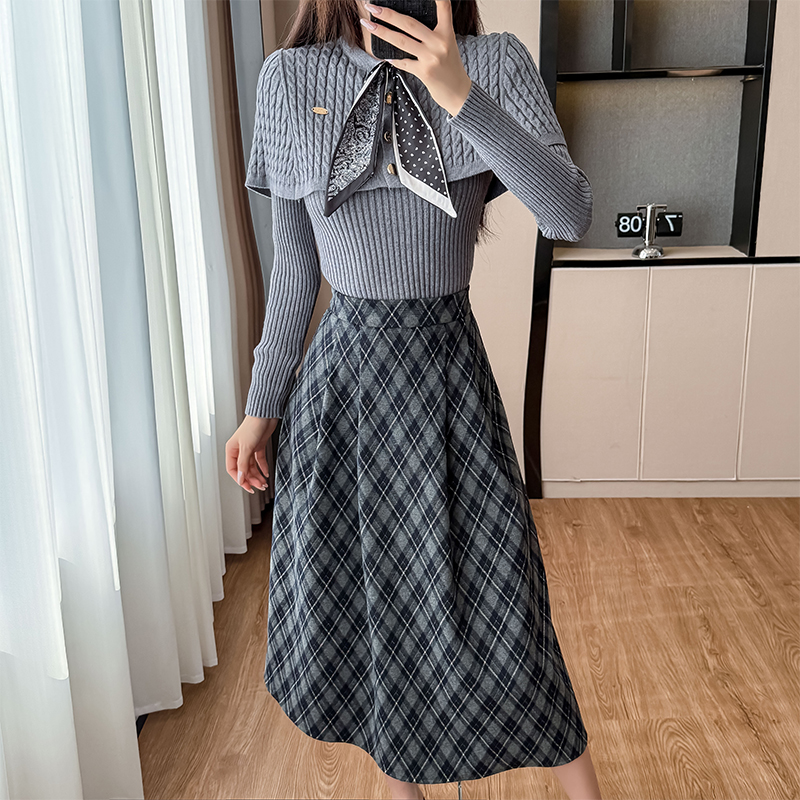 Autumn French Style Plaid Two-Piece Set with Cape Sweater and Skirt - Image 5