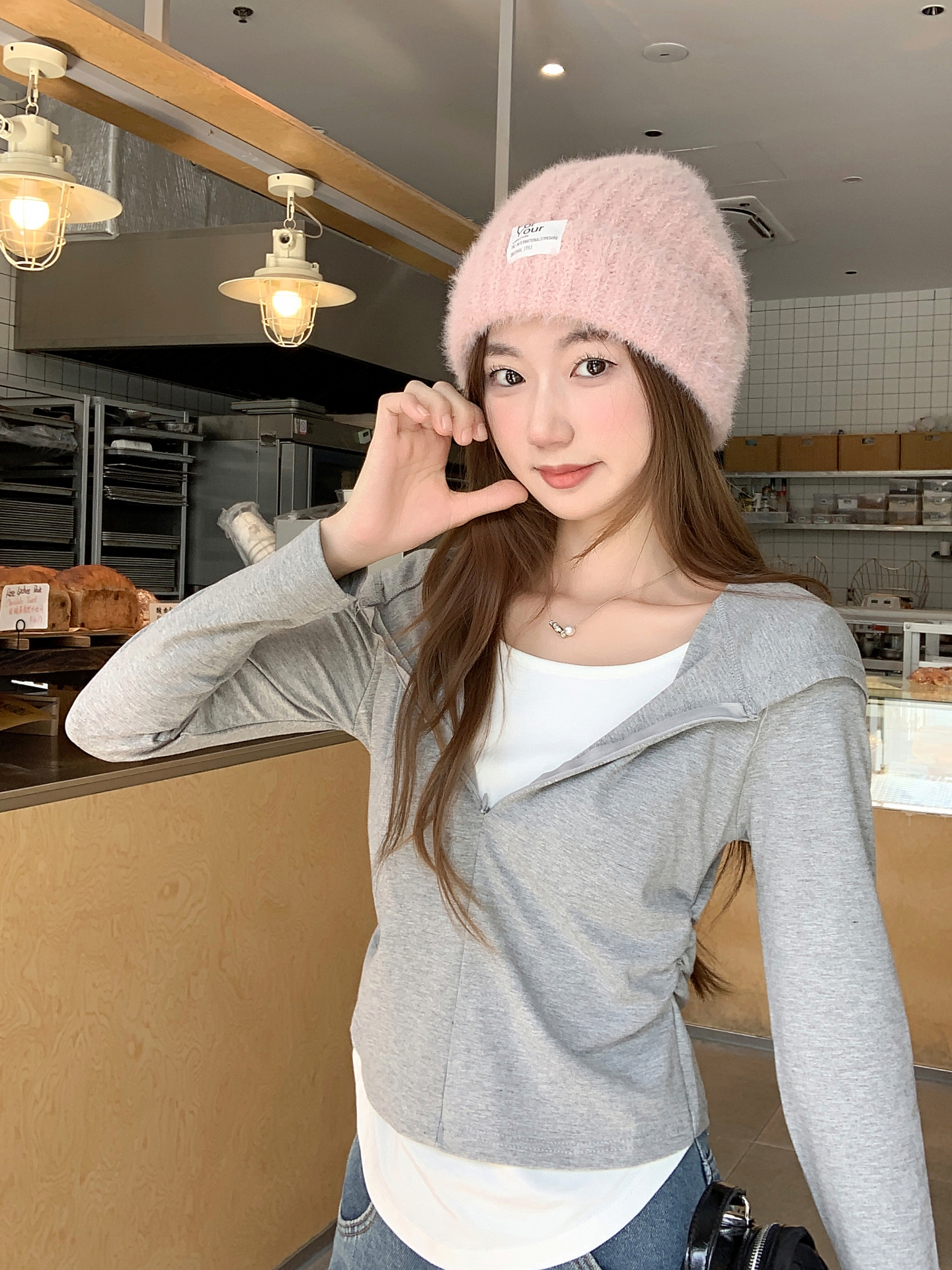 Women's Faux Two-Piece Hooded Long Sleeve T-Shirt with Half Zip and Ruched Waist - Image 3