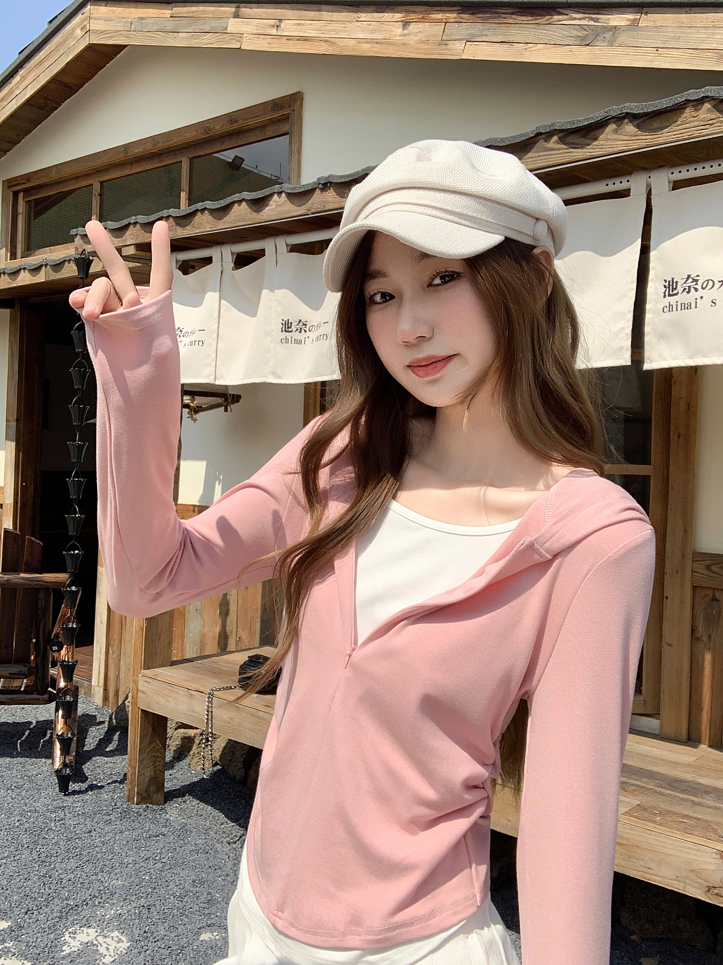 Women's Faux Two-Piece Hooded Long Sleeve T-Shirt with Half Zip and Ruched Waist - Image 2
