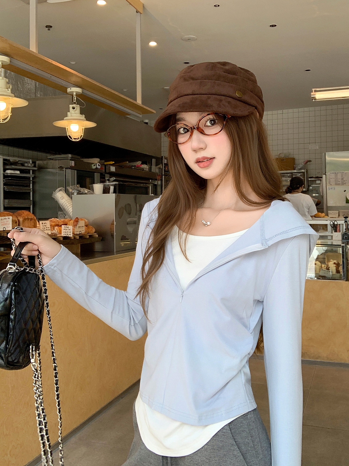 Women's Faux Two-Piece Hooded Long Sleeve T-Shirt with Half Zip and Ruched Waist
