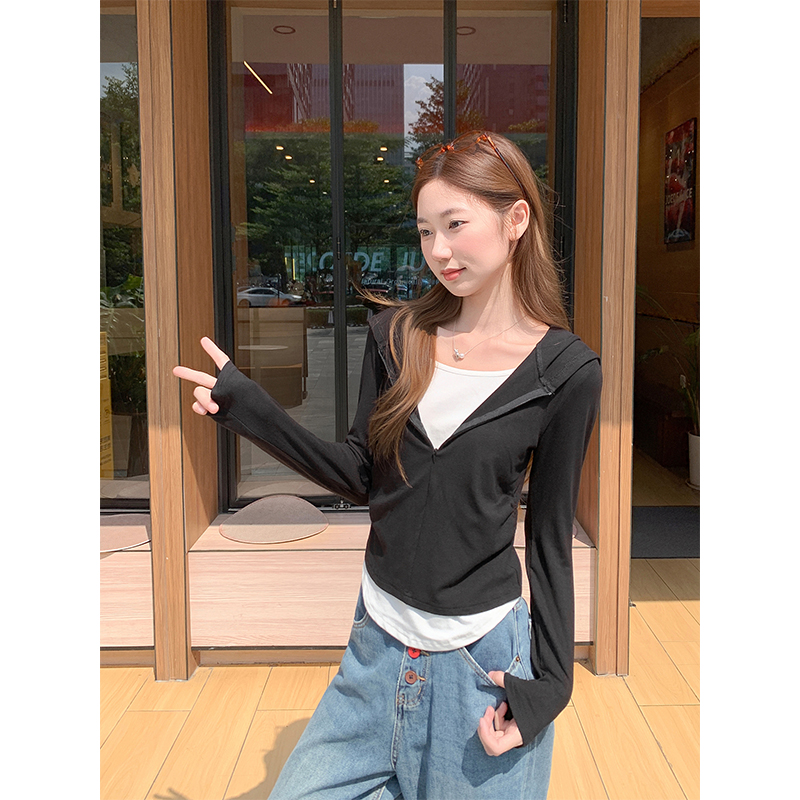 Women's Faux Two-Piece Hooded Long Sleeve T-Shirt with Half Zip and Ruched Waist - Image 5