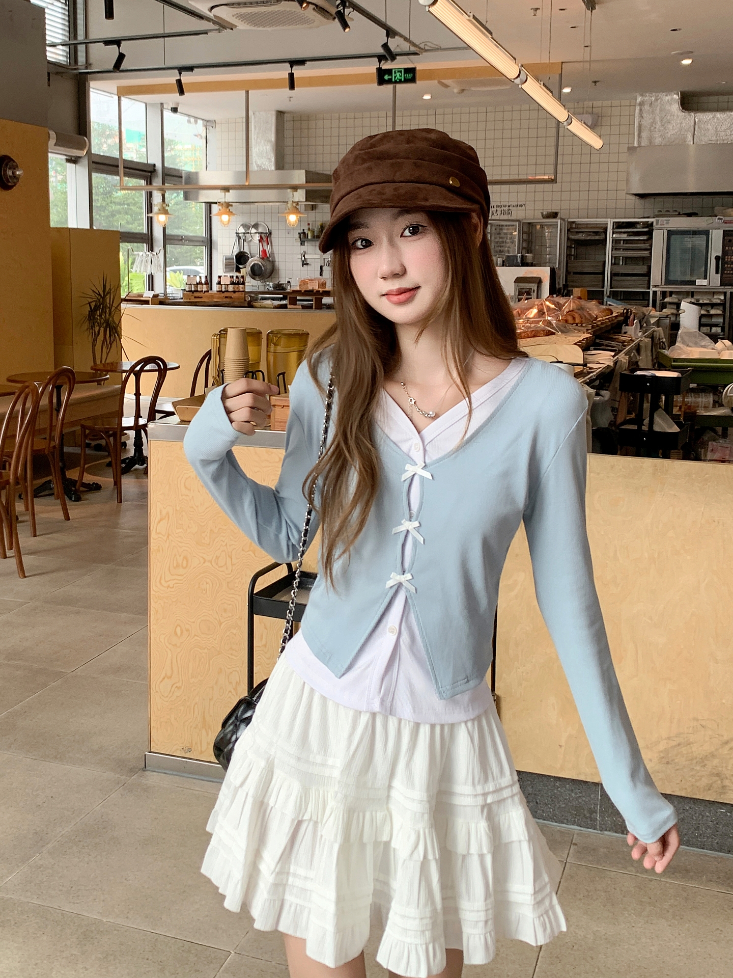 Korean Style Black Bow Faux Two Piece V Neck Long Sleeve T Shirt Women Autumn Slim Base Layer Miu Style Top - Image 4