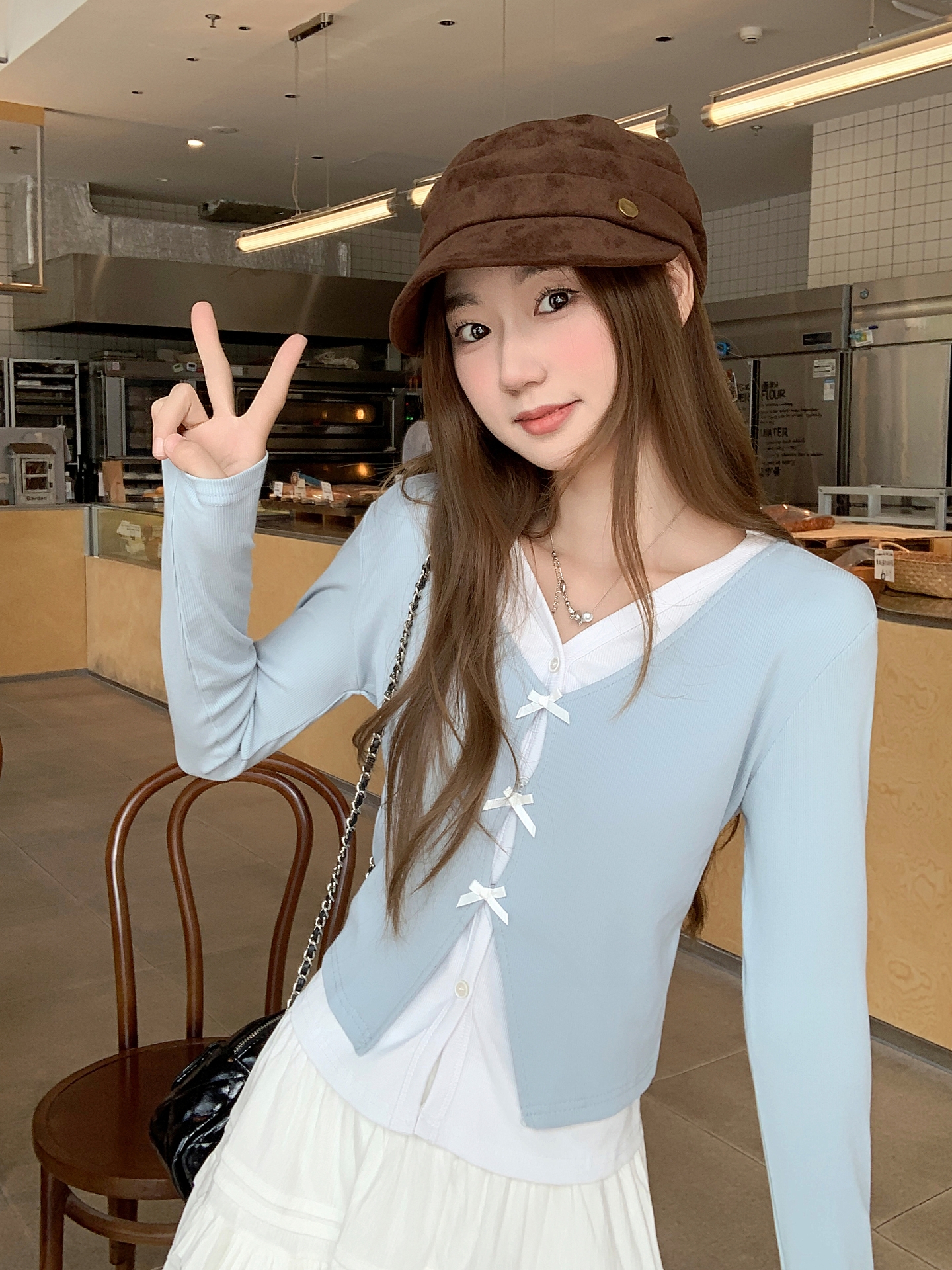 Korean Style Black Bow Faux Two Piece V Neck Long Sleeve T Shirt Women Autumn Slim Base Layer Miu Style Top - Image 3