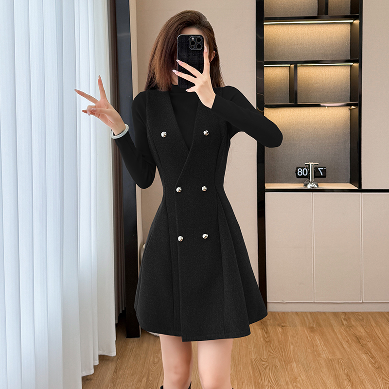 2025 French Vintage Half-Turtleneck Slimming Two-Piece Vest Dress Set - Image 3