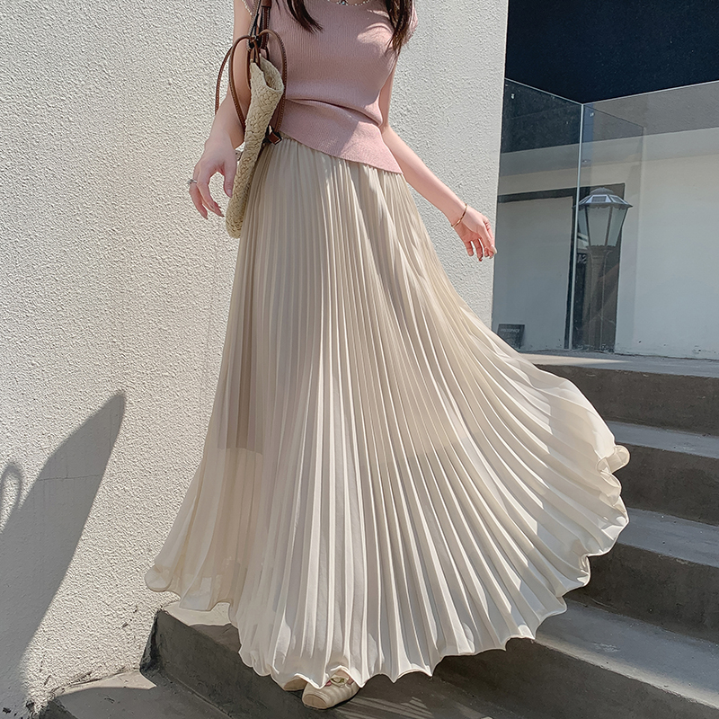 2026 Spring New Chiffon Pleated Skirt with Draped Wave Hem and Ruffle Trim A-Line