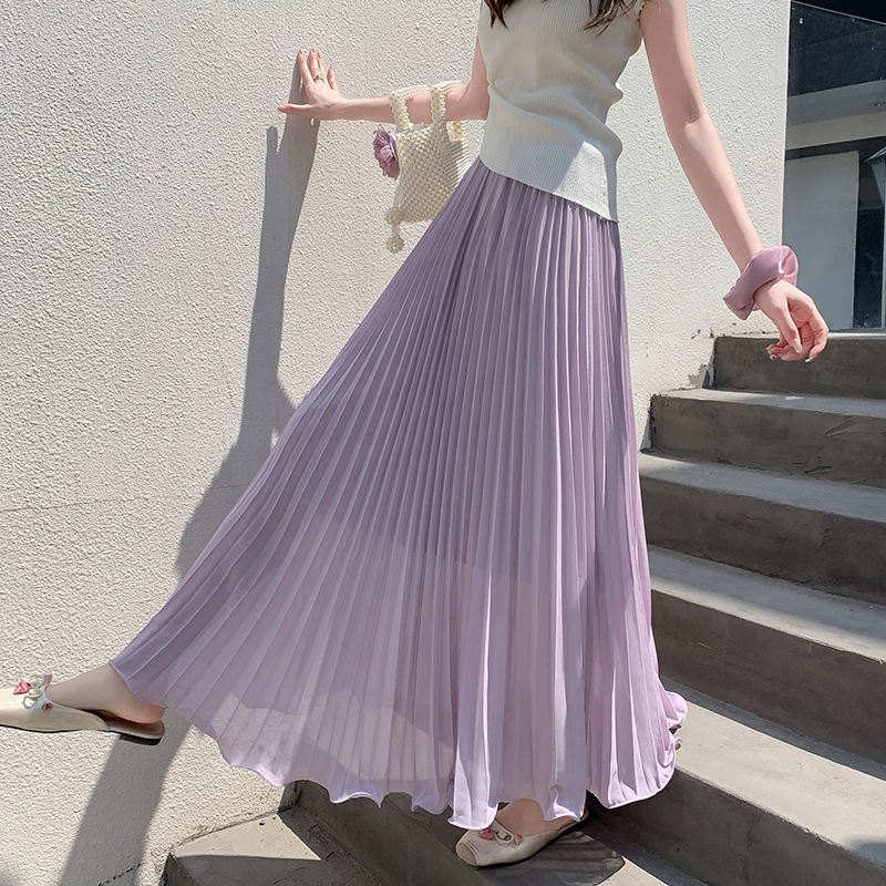 2026 Spring New Chiffon Pleated Skirt with Draped Wave Hem and Ruffle Trim A-Line - Image 3