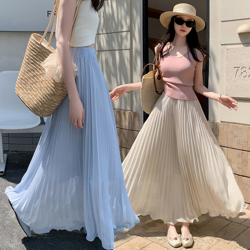 2026 Spring New Chiffon Pleated Skirt with Draped Wave Hem and Ruffle Trim A-Line - Image 4