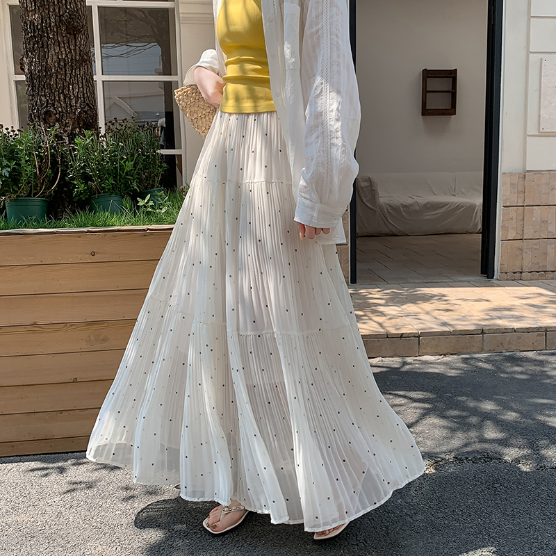 2026 Spring Polka Dot Chiffon Pleated High Waist A-Line Midi Skirt - Image 3