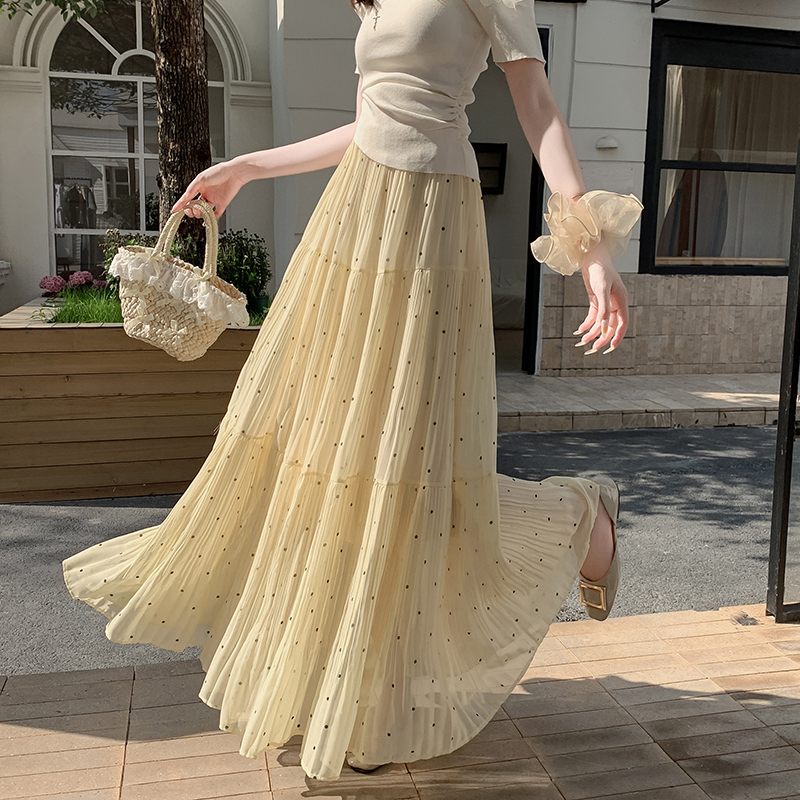 2026 Spring Polka Dot Chiffon Pleated High Waist A-Line Midi Skirt - Image 2