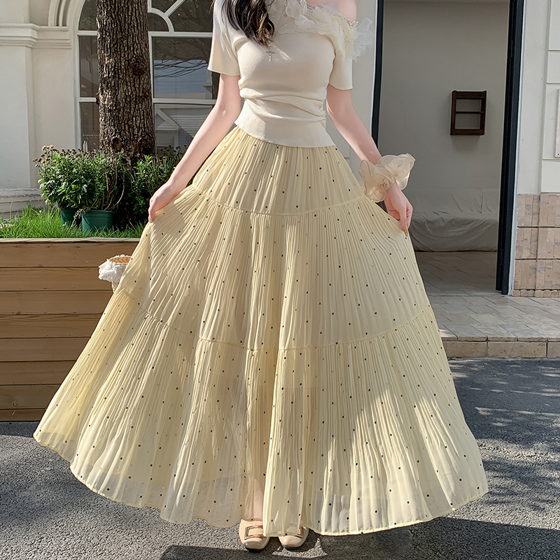 2026 Spring Polka Dot Chiffon Pleated High Waist A-Line Midi Skirt - Image 4