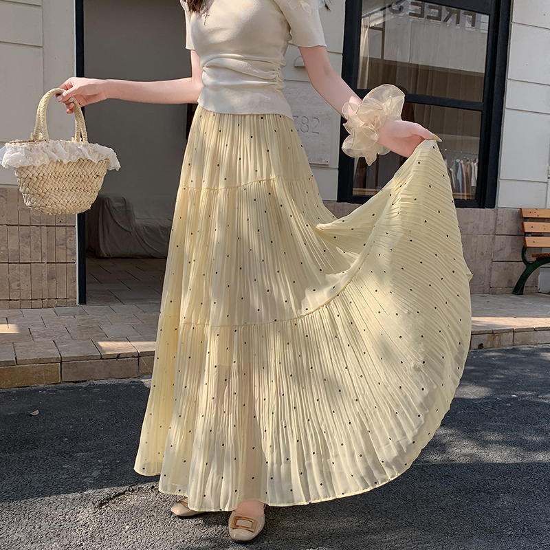 2026 Spring Polka Dot Chiffon Pleated High Waist A-Line Midi Skirt