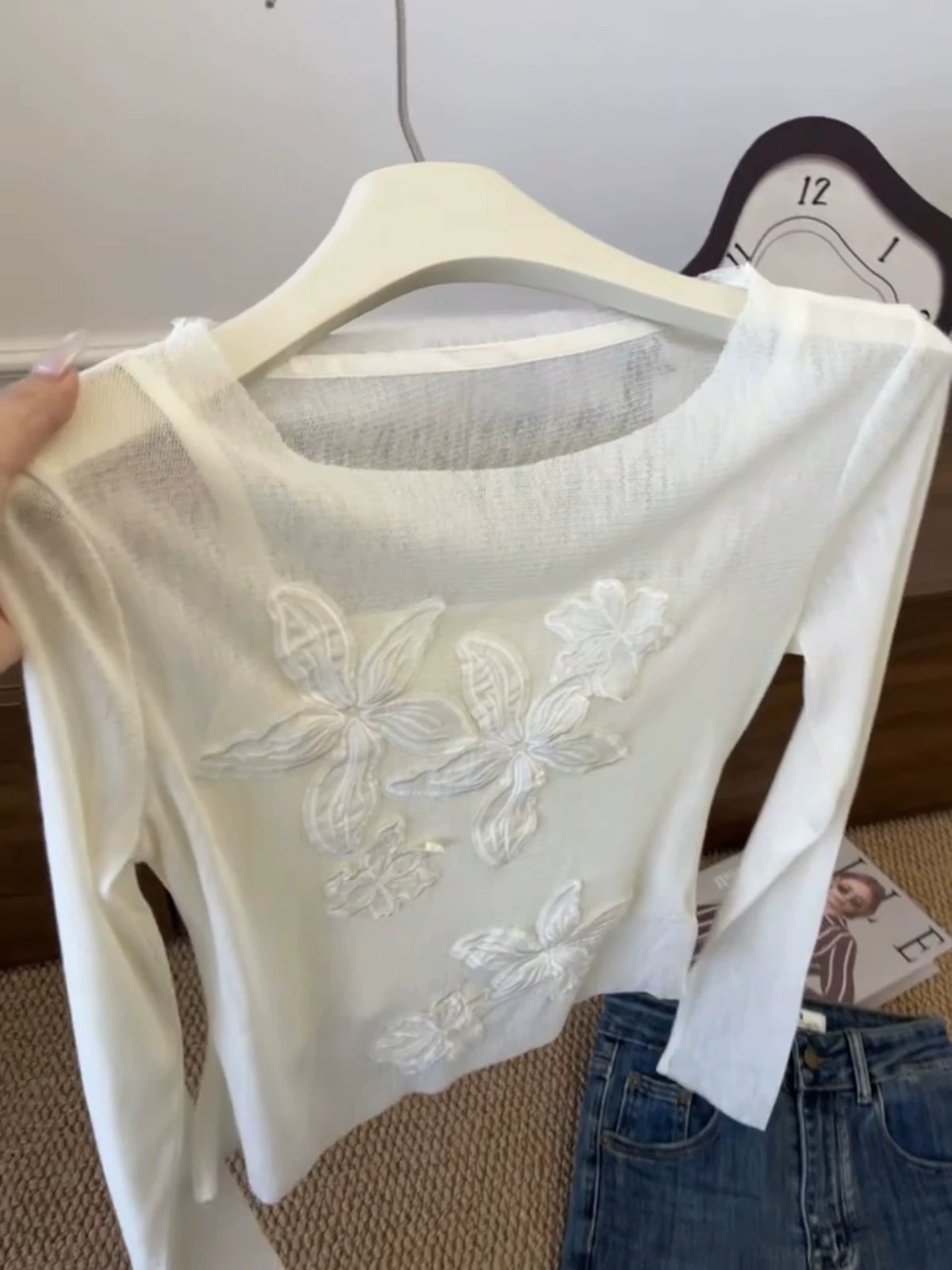 French Lace Flower Spliced Light Semi-Sheer Top Women 2026 Fall New Design Niche Long Sleeve T-Shirt - Image 2