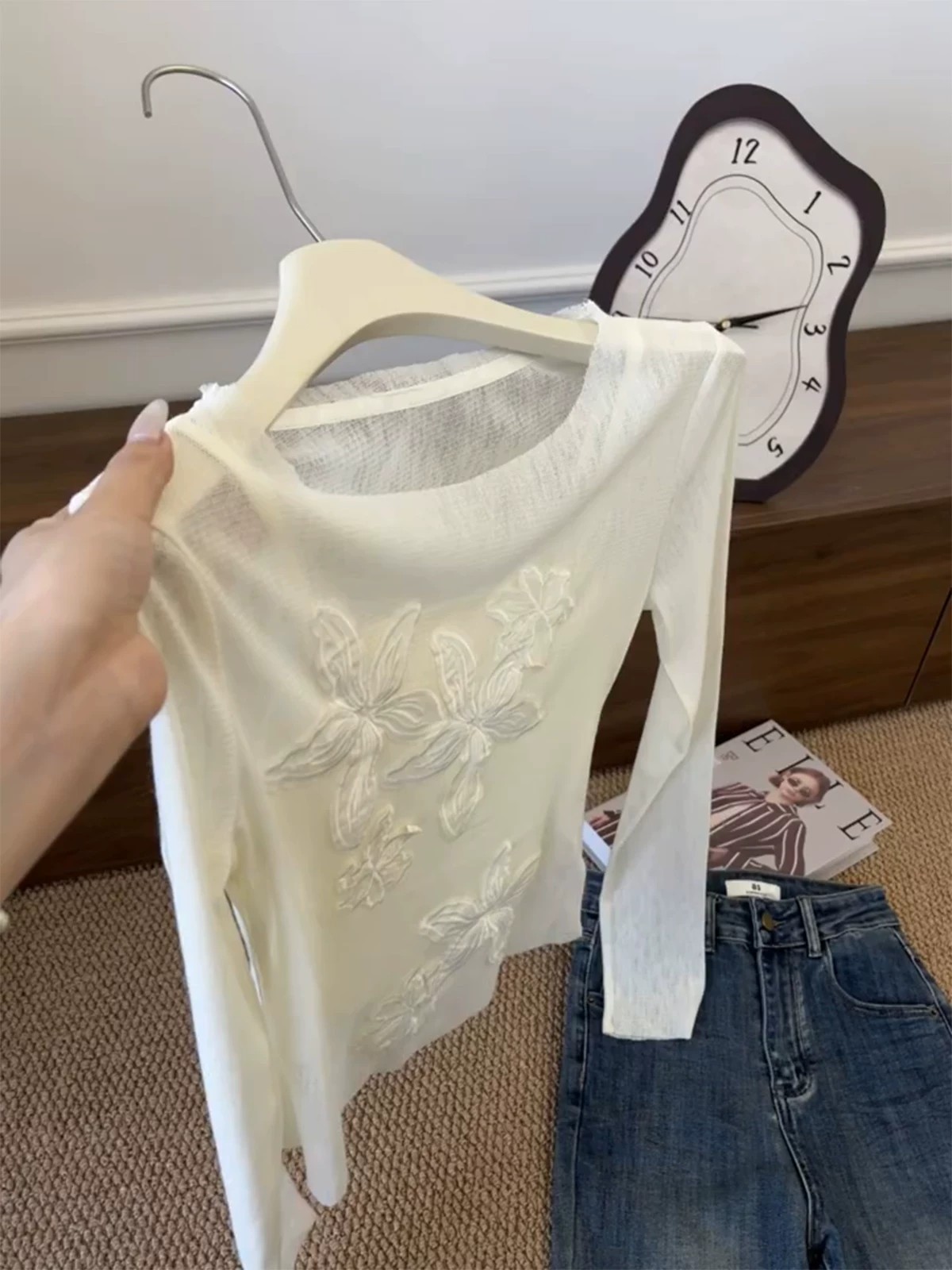 French Lace Flower Spliced Light Semi-Sheer Top Women 2026 Fall New Design Niche Long Sleeve T-Shirt - Image 3