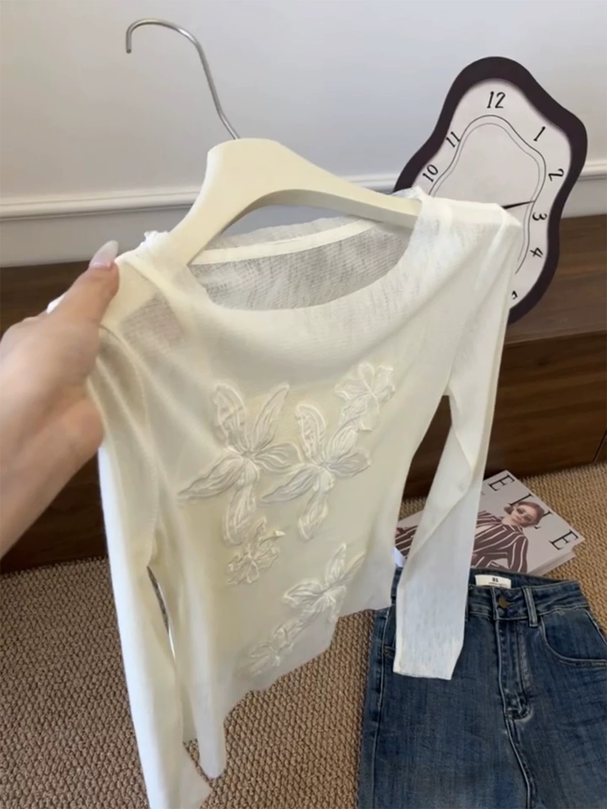 French Lace Flower Spliced Light Semi-Sheer Top Women 2026 Fall New Design Niche Long Sleeve T-Shirt - Image 4