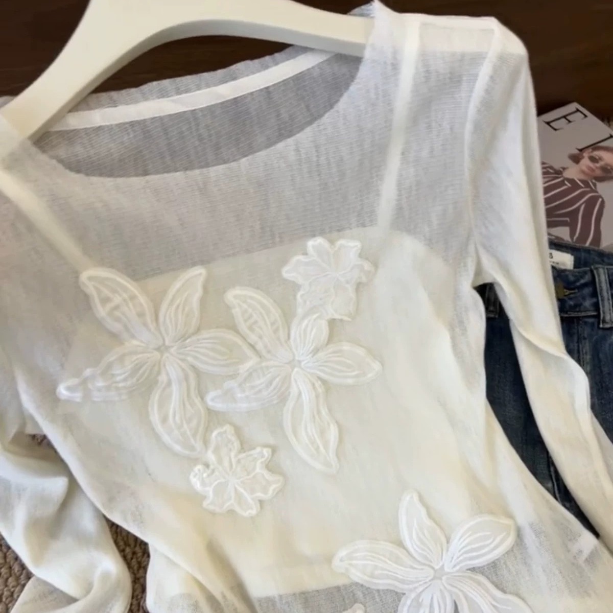 French Lace Flower Spliced Light Semi-Sheer Top Women 2026 Fall New Design Niche Long Sleeve T-Shirt - Image 5